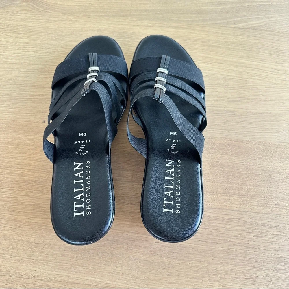 Italian Shoemakers Black Wedge Slip On Sandal Sz 9M Silver Accent New Adalynn
